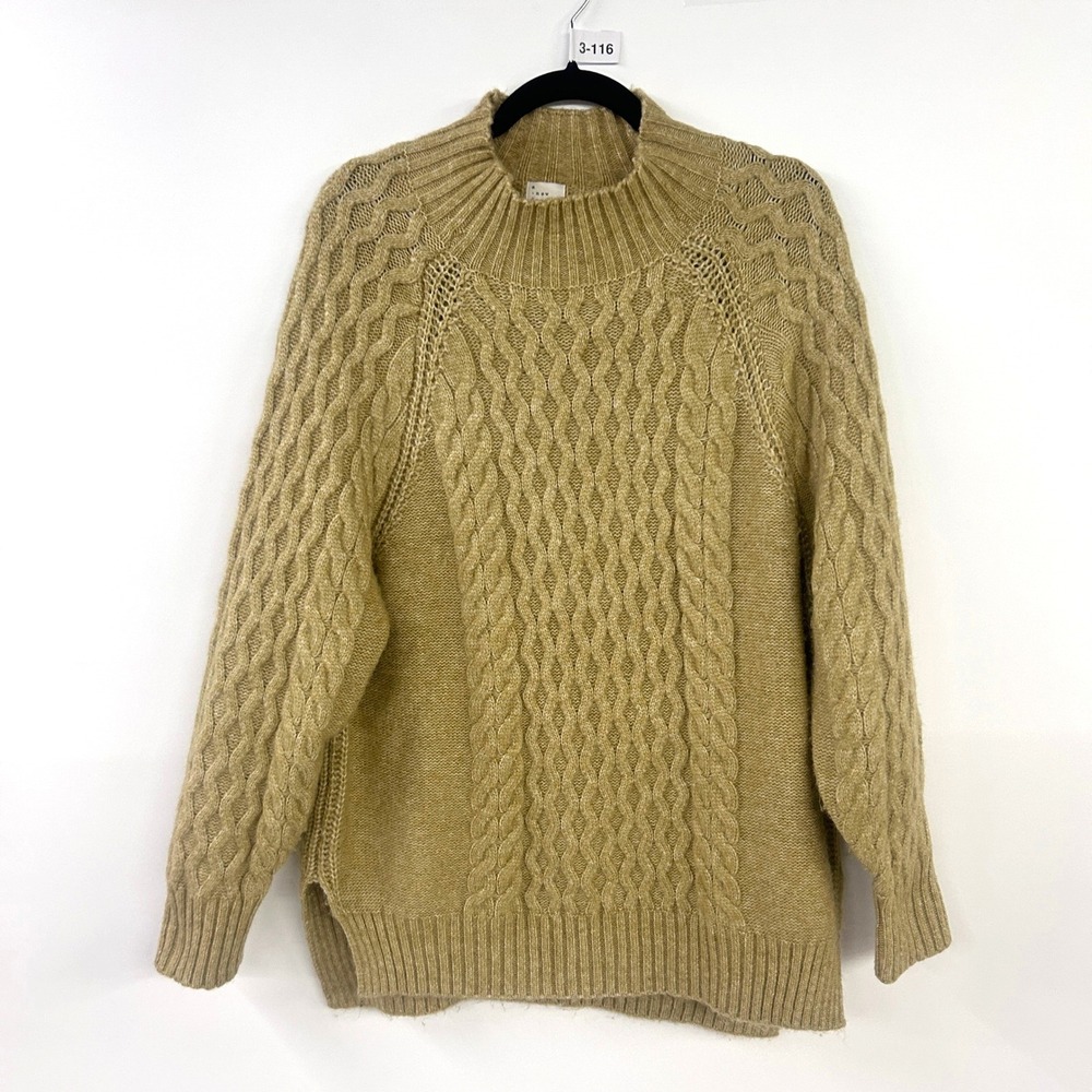Fisherman Cable Knit Sweater L Oatmeal Mock Neck Chunky Cozy Grandpacore Top